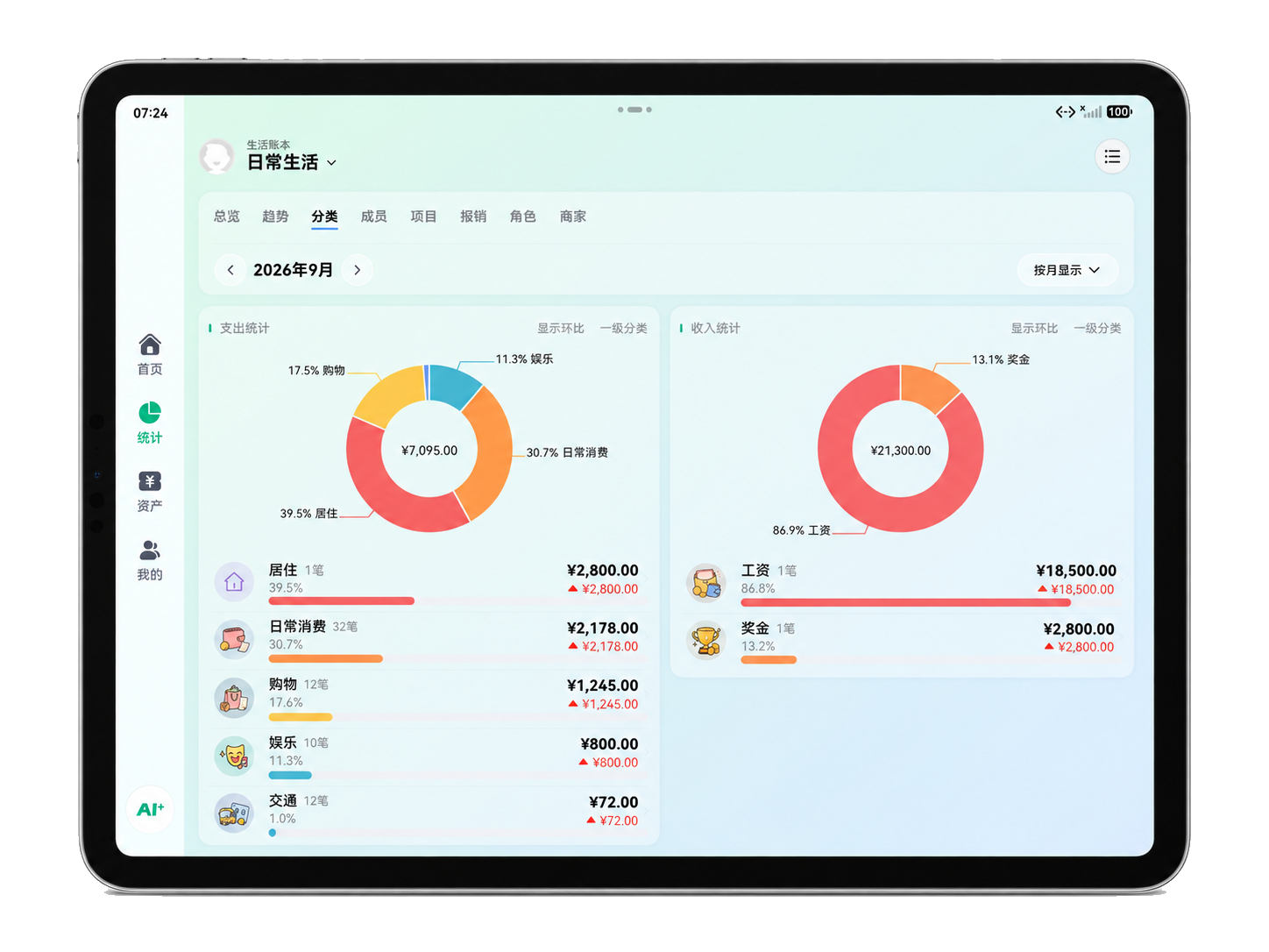 桔子账本平板端统计页面